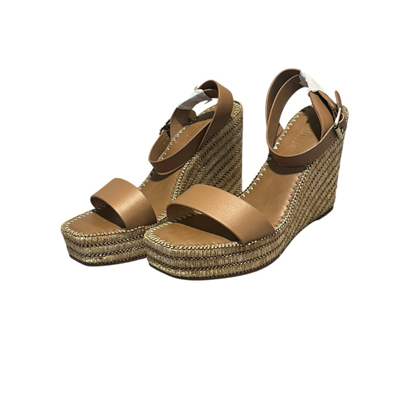 Steve Madden Wedges Womens Size 9 Aries Cogniac Tan 4.5 in Heel Faux Leather NIB - Picture 1 of 12